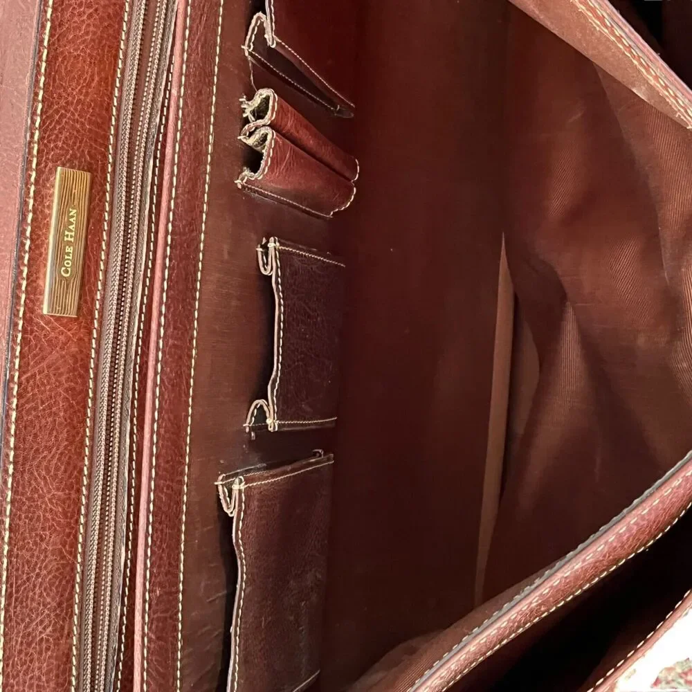 Cole Haan attache briefcase brown leather multi pocket double buckle 18